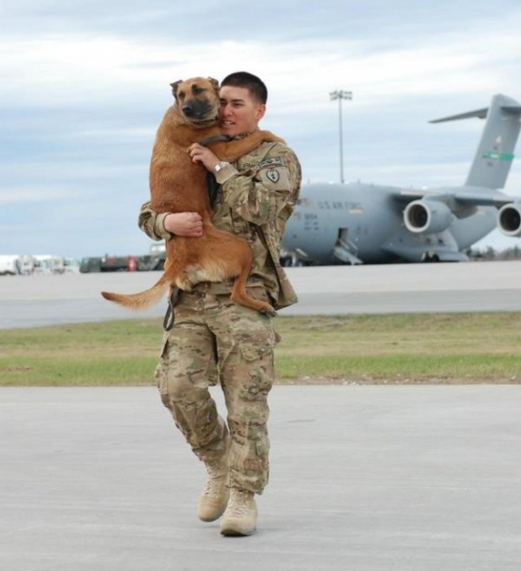 A soldier carrying his dog. Such a beautiful, heartwarming photo of the reunion of a soldier and his loyal bestfriend. 