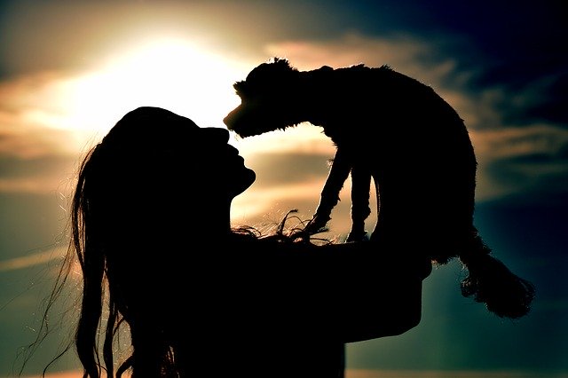 woman and dog kissing at sunsent