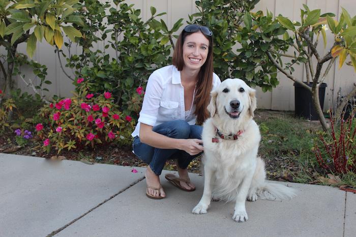 Ashley Jacobs with her dog Diamond, a 7 year old golden retriever and acting "sitting assistant" for Sitting for a Cause. Image source: Sitting for a Cause