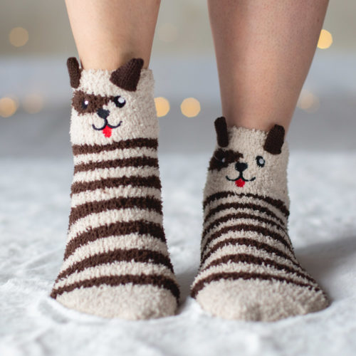 Warm 'n Fuzzy Brown Dog Striped Socks- Helps Feed Hungry Shelter Dogs in Need