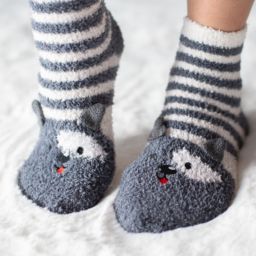 Image of Warm ‘n Fuzzy Grey Dog Striped Socks &#x2764;&#xfe0f;