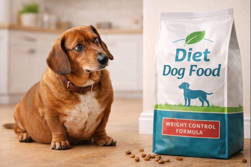 overweight dog looking at bag of diet food