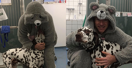 Vet Wears Adorable, Perfume-Scented Onesie To Calm Anxious Patient