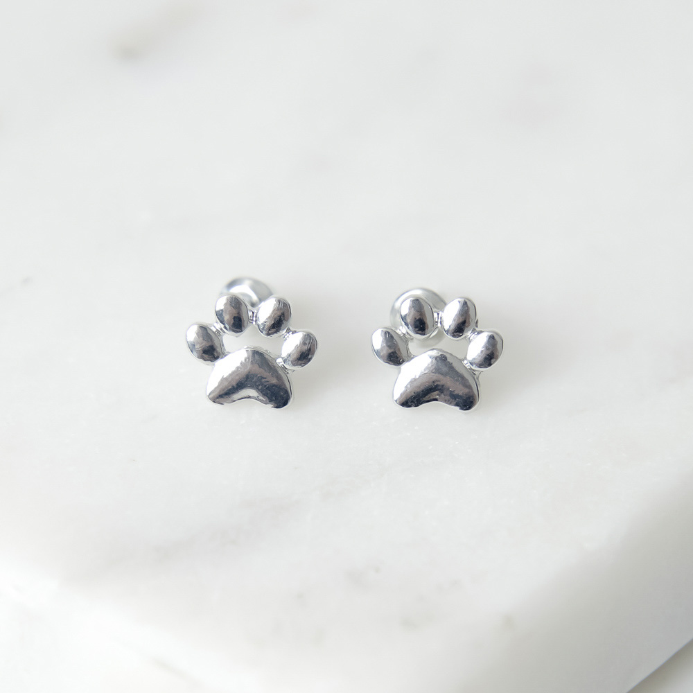 Set of Two Bulldog and Paw Print Dog Lover Hypoallergenic Stud Earrings in Four Colors