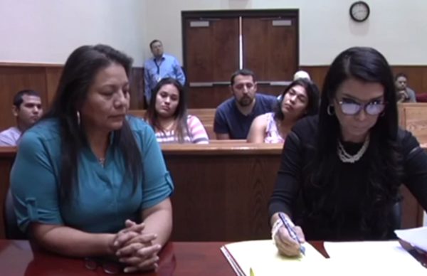 Mario Cardona's wife, Rosa Maria Cardona, testifying on his behalf in court - and rightfully getting shut down. (Picture by KVEO News)