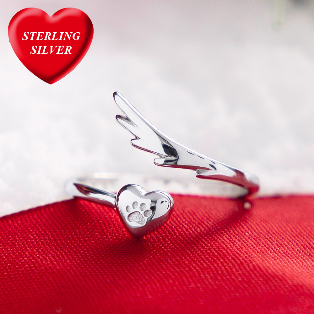 Image of Heart Angel Wings Sterling Silver Ring- Jewelry For Dog Lovers- Feeds 30 Shelter Dogs