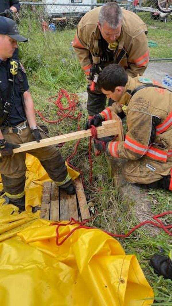 Firefighters preparing to rescue dog