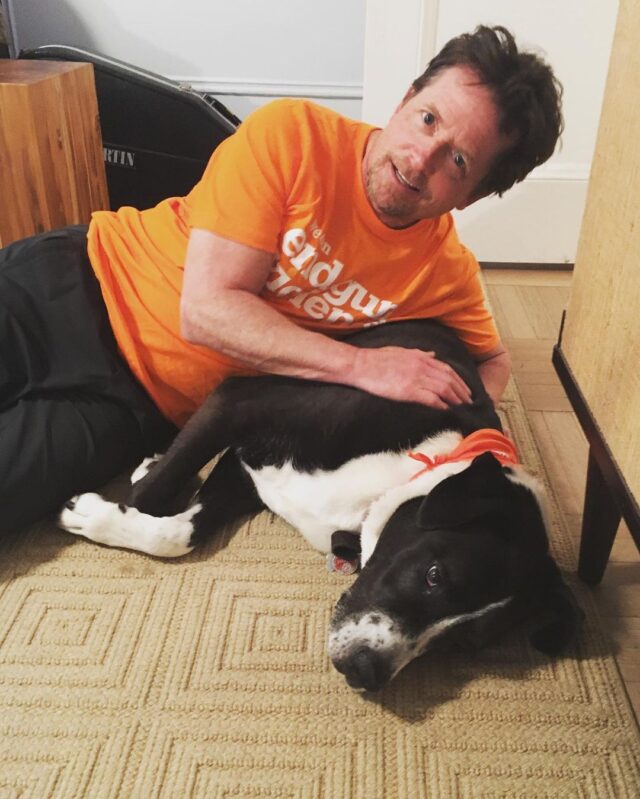 Michael J Fox cuddling dog