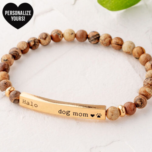 Customizable Dog Mom Beaded Bracelet - Tan Picture Stone