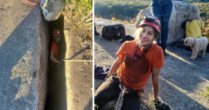 Woman saves dog from rock crevice