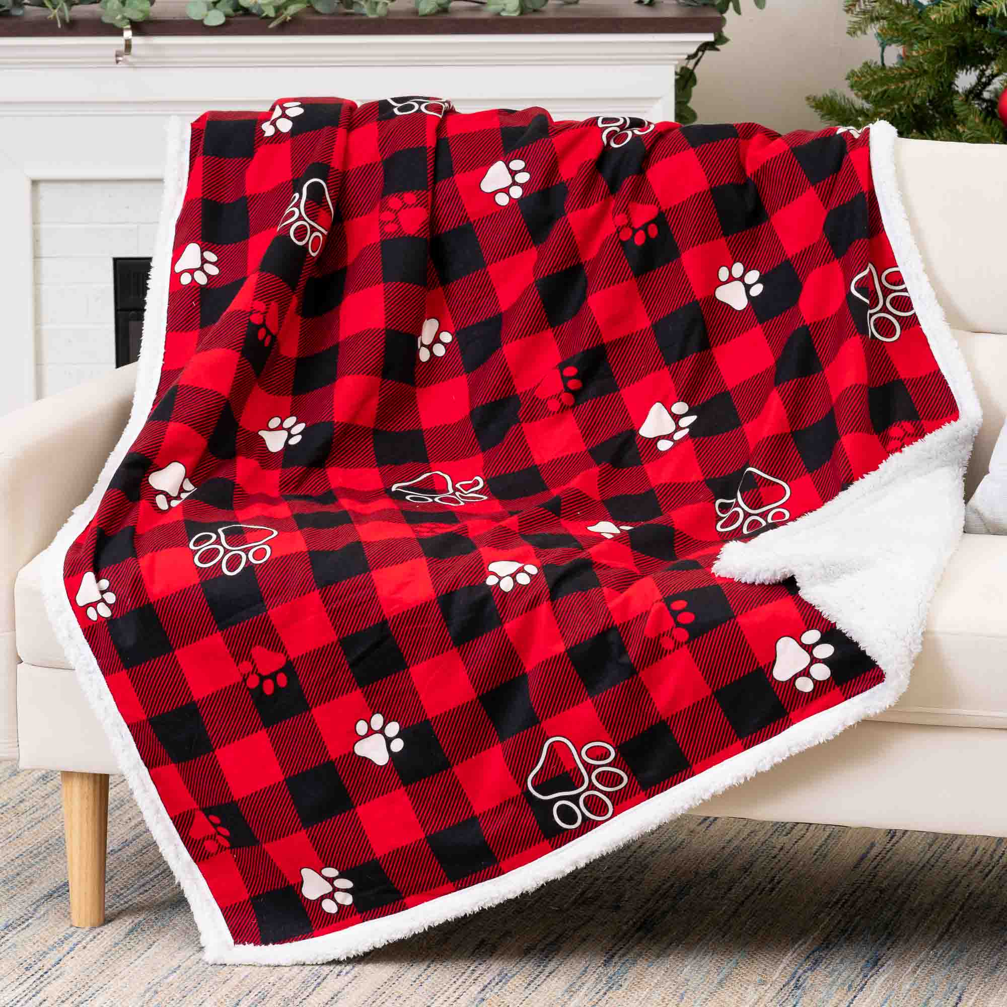 Image of Buffalo Plaid Paws Flannel & Sherpa Dog Lover's Blanket 50"X 60"– Sneak Peek Special Pricing 40%
