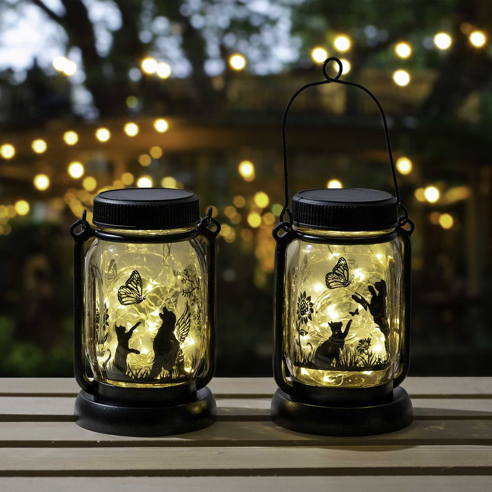 Sold Out! Dog  Butterfly Memorial Solar Lantern Fairy Lights Outdoor  Hanging Jar  Garden Stake Two-Piece Set