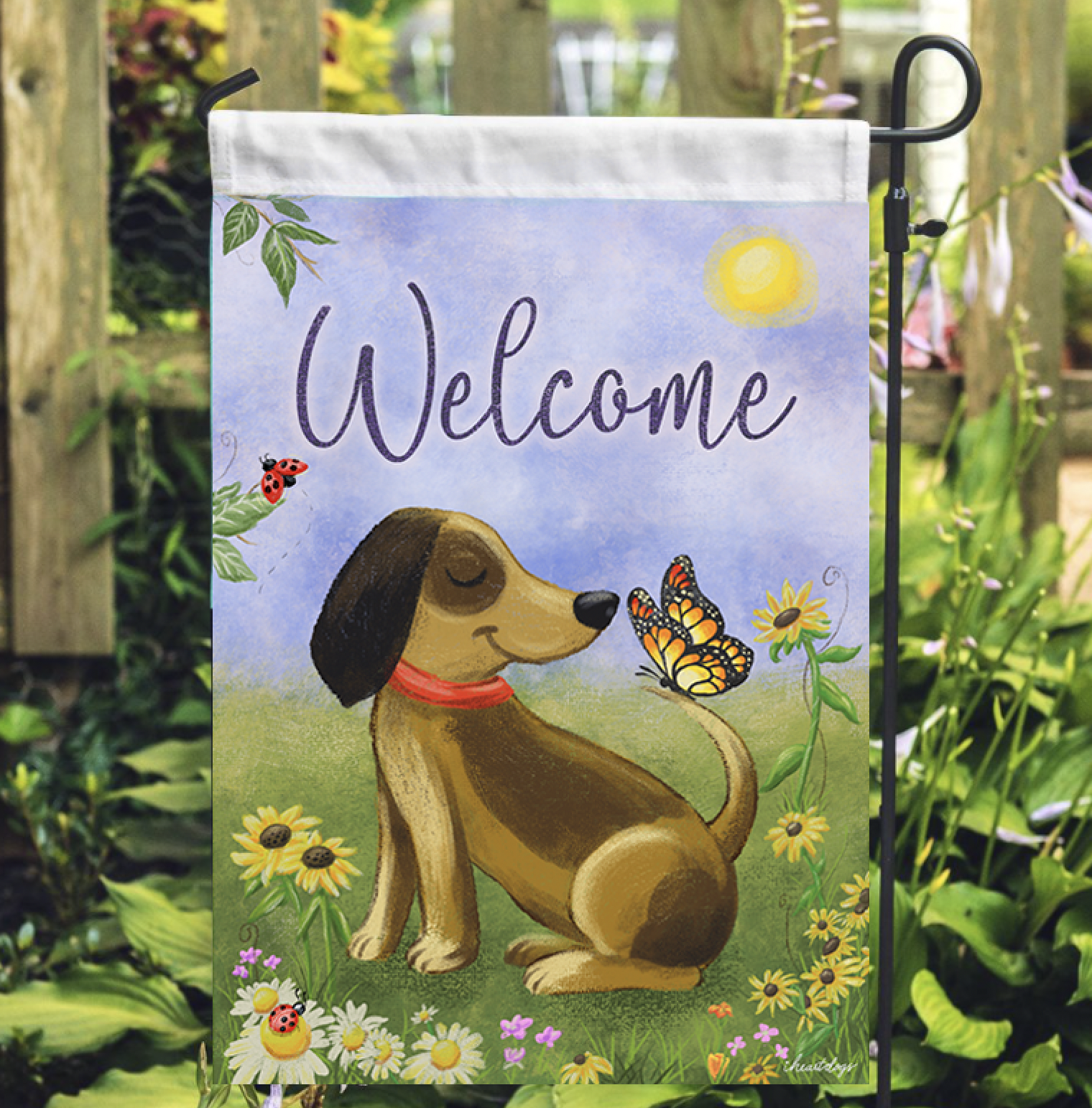 Morigins Welcome Cute Dog Puppy Butterfly Spring Summer Double Sided Garden Flag 