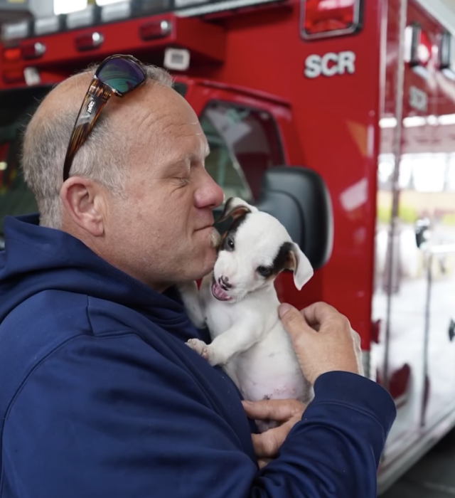 Firefighter hugging puppy