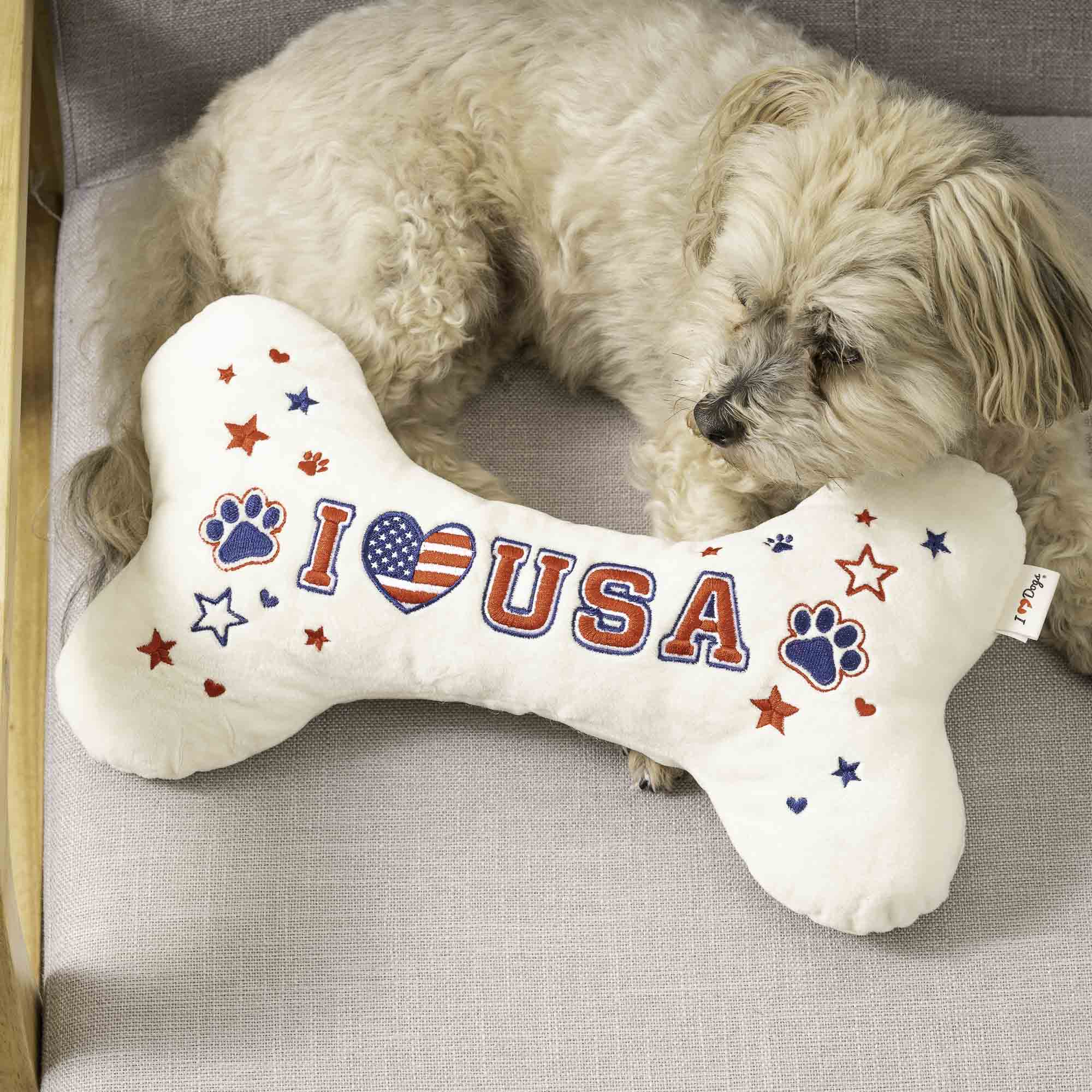 Image of Dog Pillow – I &#x2764;&#xfe0f; USA Patriotic Snuggle Buddy Bone- Amazing After Christmas Deal  70% Savings ! -  (Limited 1 Per Customer)