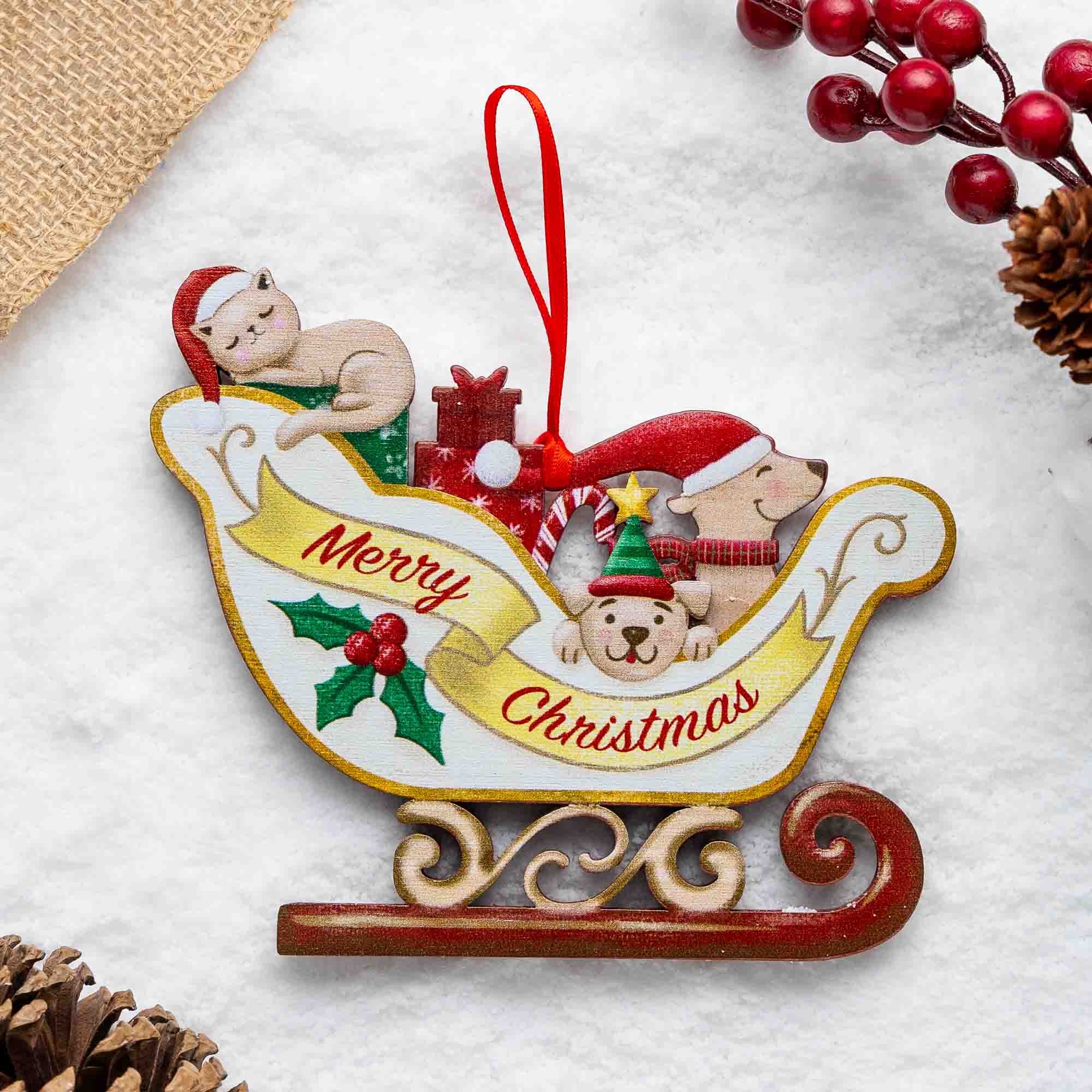 Image of Second Chance Movement ™ Merry Christmas Sleigh Wooden Dog Ornament- MEGA DEAL Save 86% OFF!