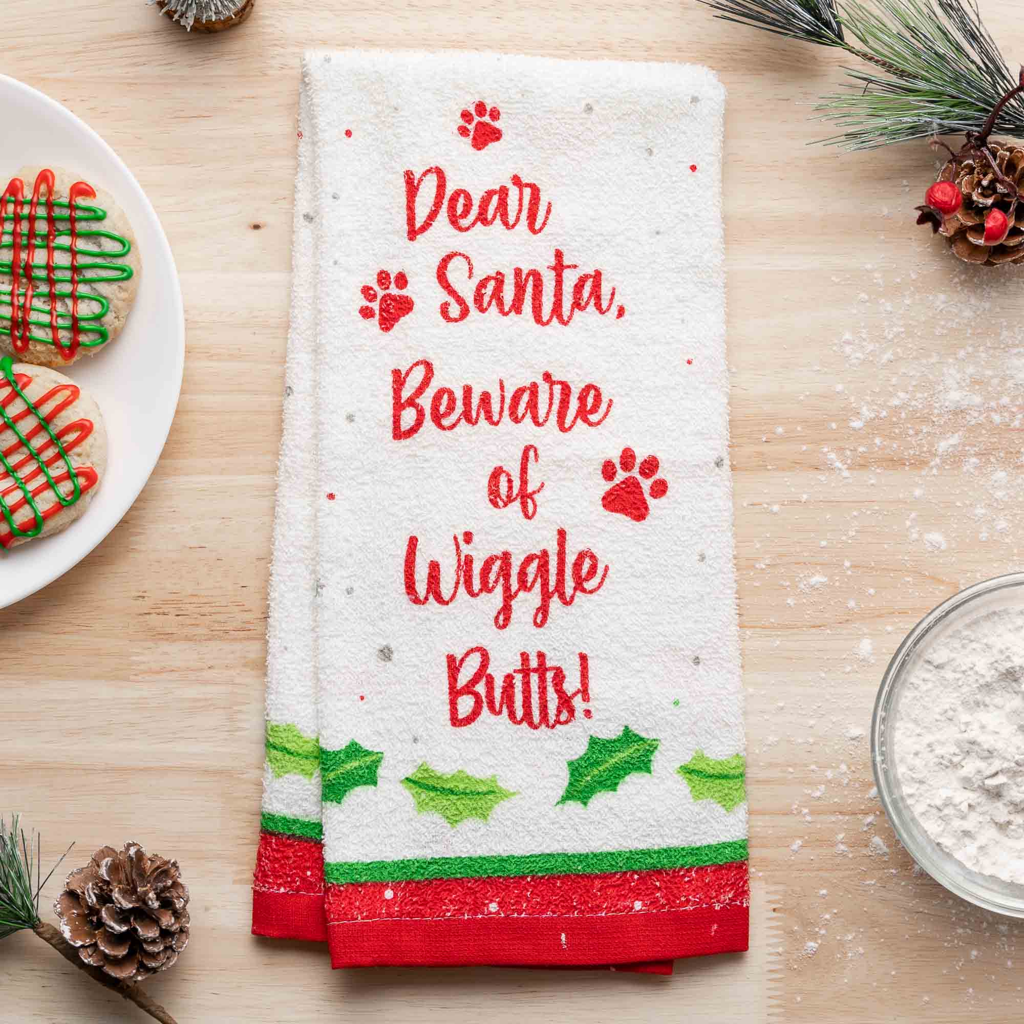 Image of Dear Santa Beware of Wiggle Butts-  Kitchen Dog Towel (Set of 2) - Sneak Peak Special Savings 30% Off