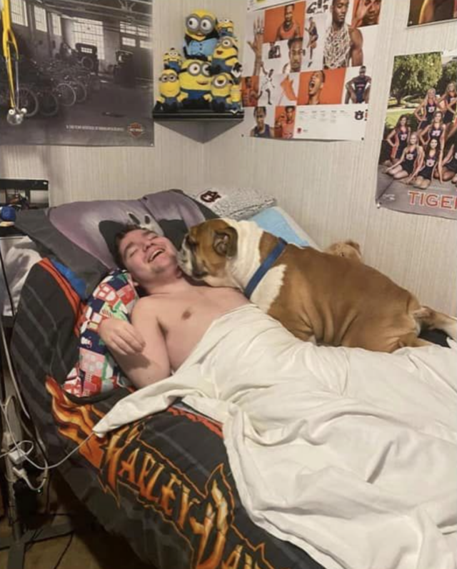 Man with cerebral palsy and Bulldog