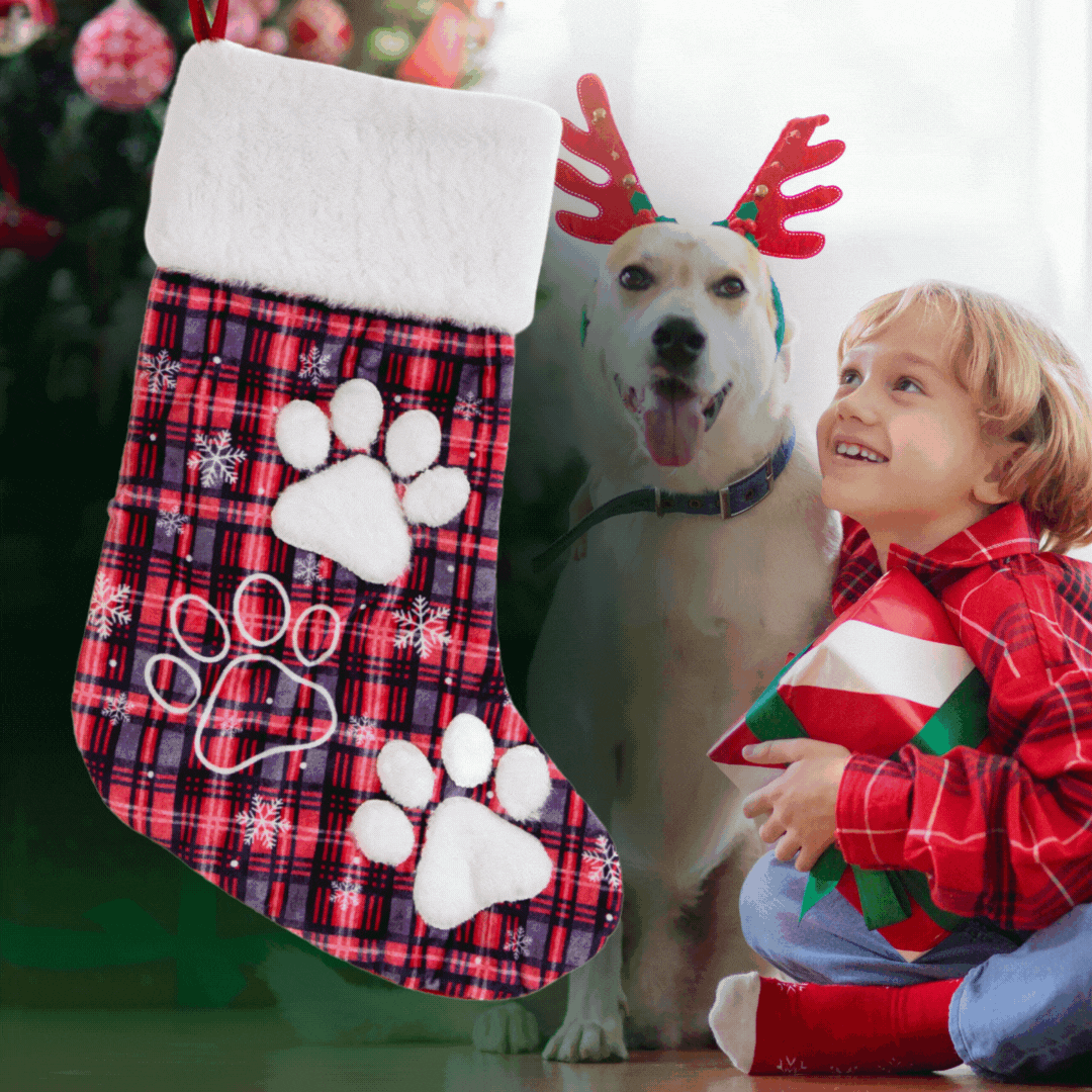 Image of Snowy Paw Prints Holiday Plaid with Lights Christmas Stocking - for Dog Lovers- Super Black Friday Deal 82% OFF!