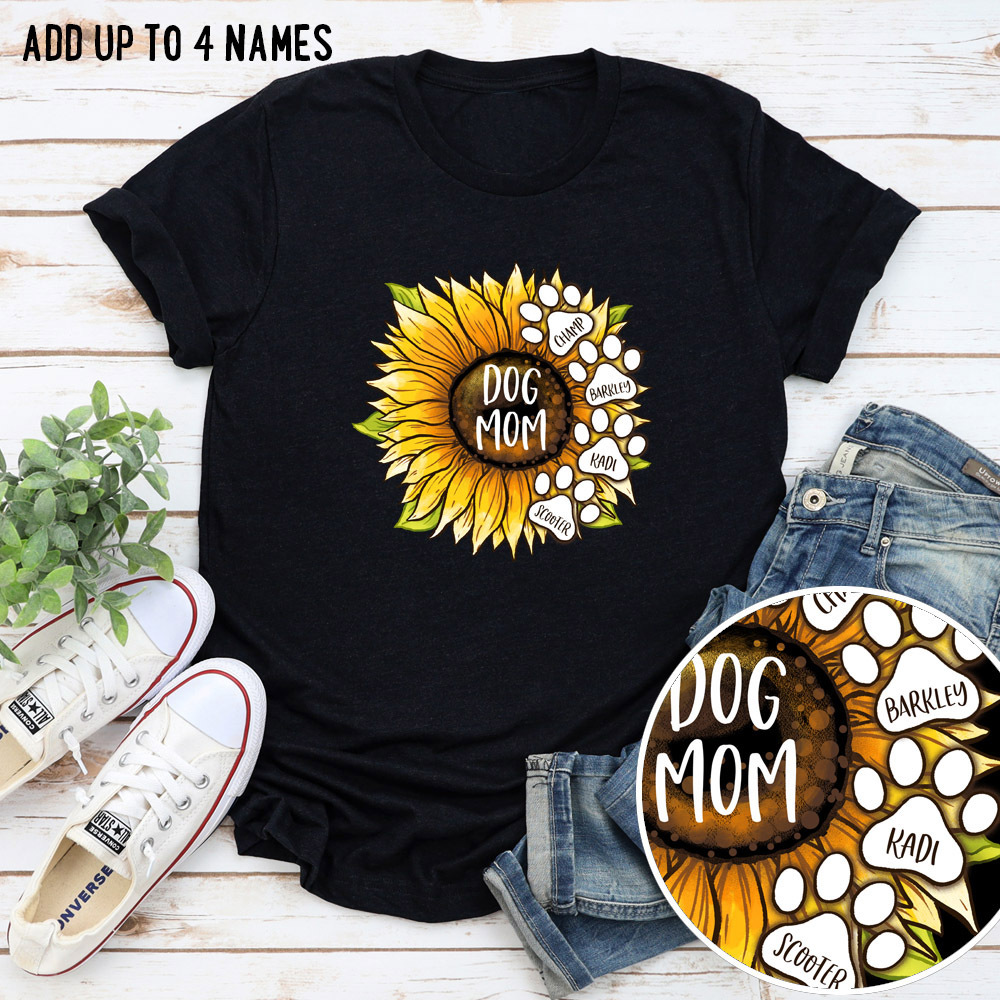 Image of Dog Mom's Blooming Sunflower Personalized Premium Tee -Black