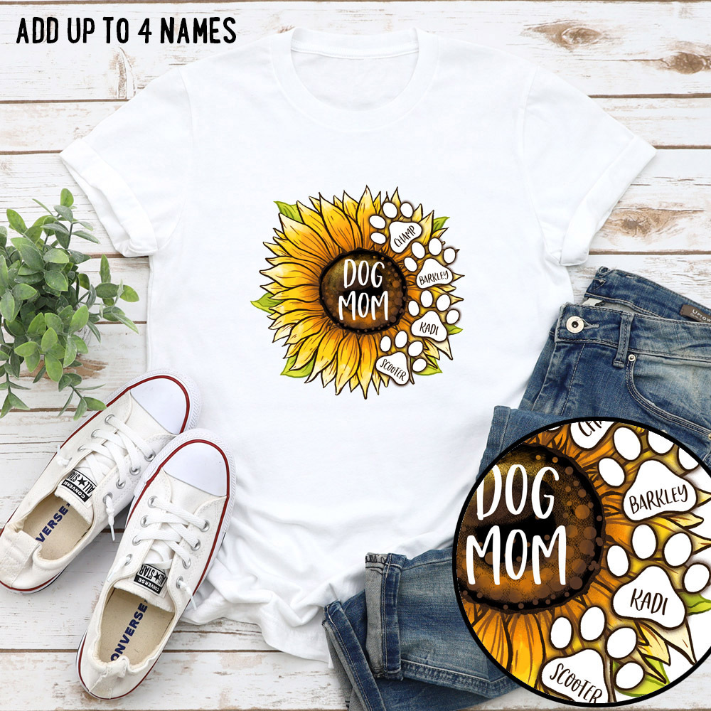 Image of Dog Mom's Blooming Sunflower Personalized Premium Tee -White - White, X-Small (Color: White, Size: X-Small)