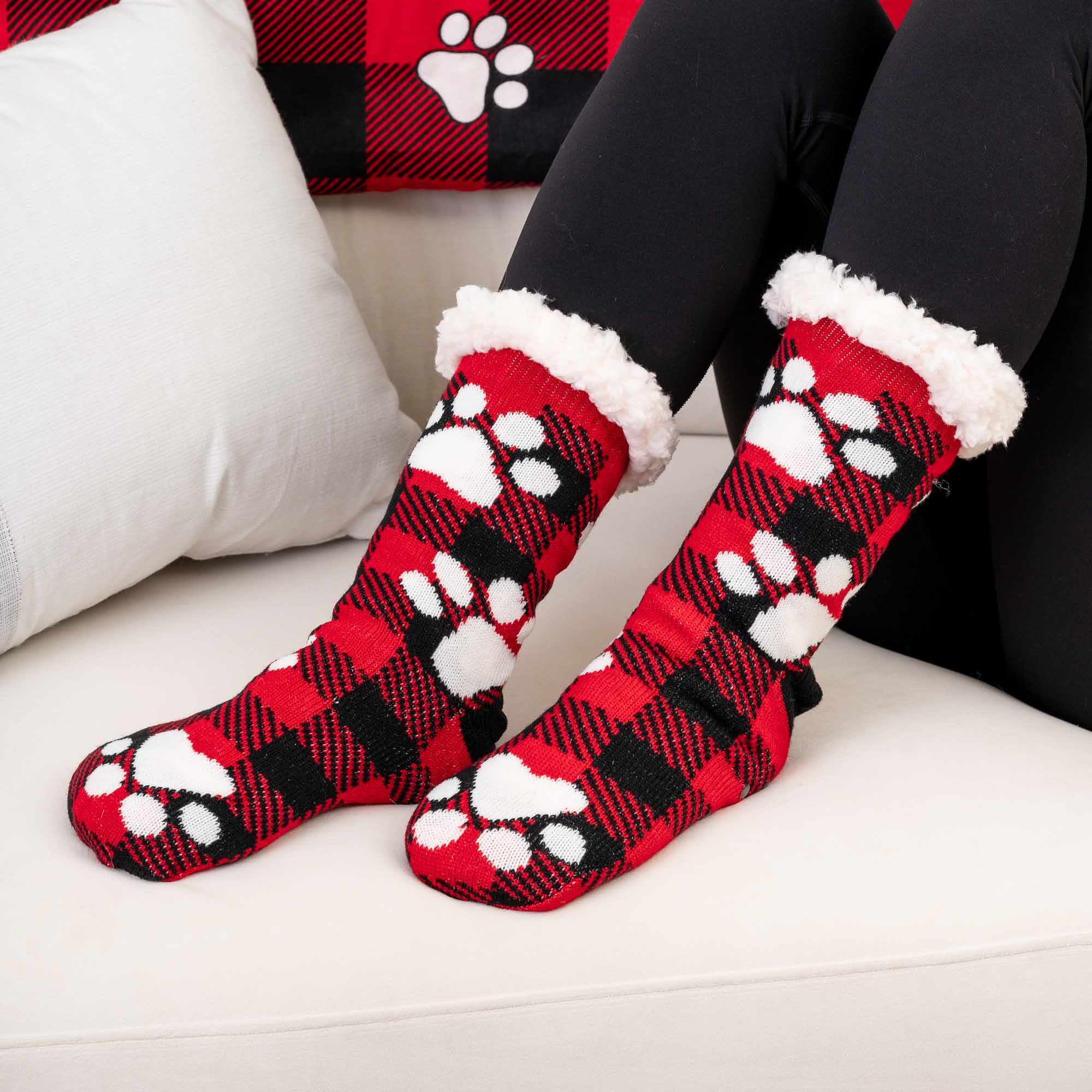 Image of Buffalo Plaid Paws Dog Lover’s Slipper Socks -Warm 'n Cozy with Sherpa Lining- Sneak Peak 26% OFF!