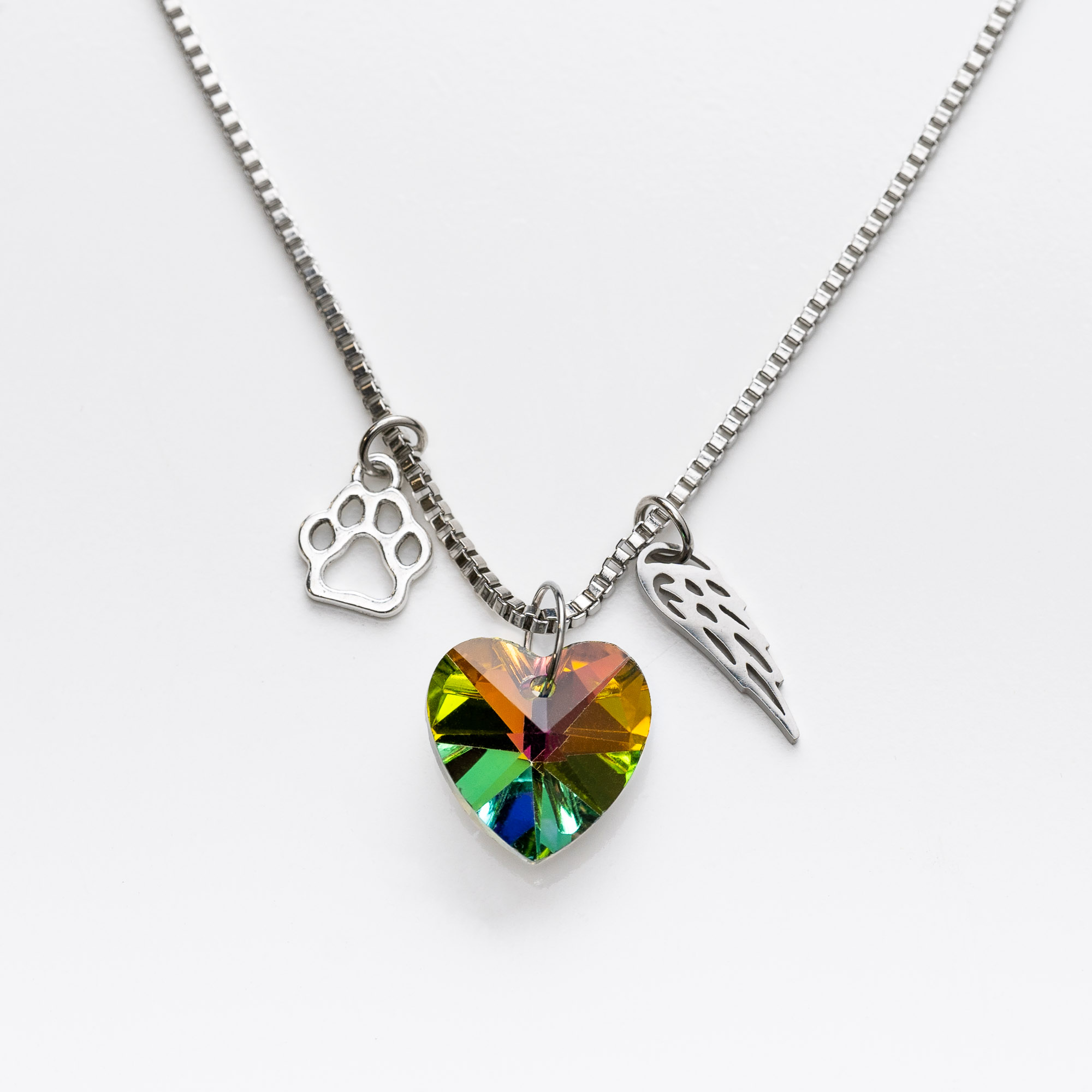 Image of Rainbow Bridge Crystal Heart Dog Memorial Necklace