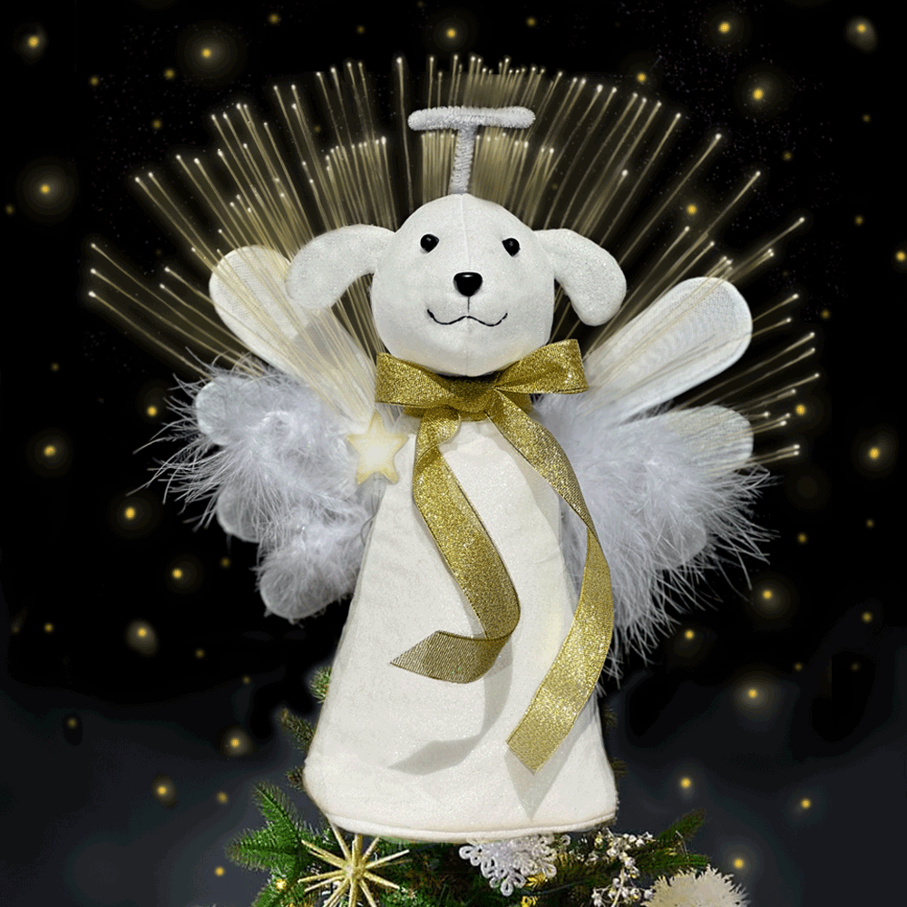 Image of NEW 2022 – A ‘Christmas Miracle’ Angel Dog Tree Topper with Holiday Lights