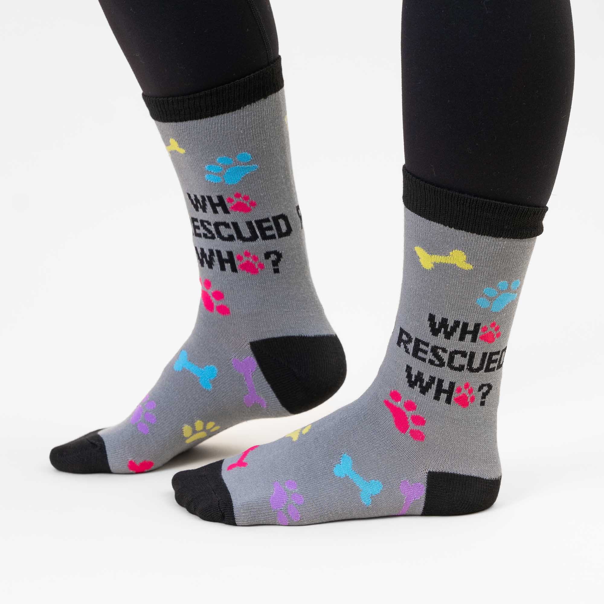 Image of Who Rescued Who Word Sock - Gray/Turquoise ❤️ - DEAL 75% OFF - Gray (Color: Gray)