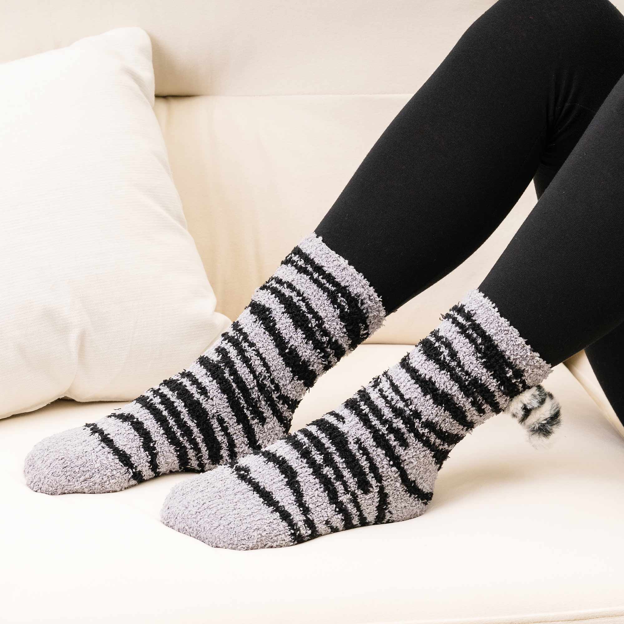 Image of Warm n' Fuzzy Kitty Tail Socks- Black Stripes ... look for the cute kitty tail ! &#x2764;&#xfe0f;