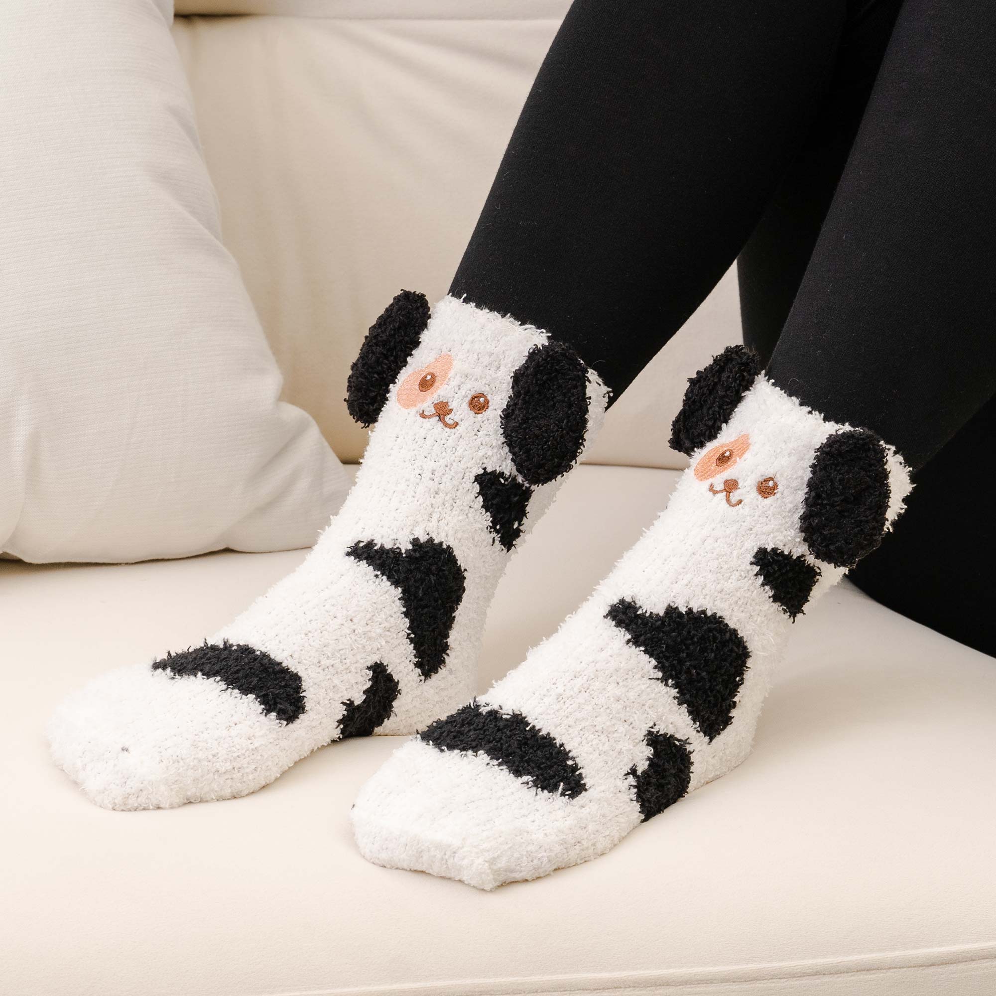 Image of Warm ‘n Fuzzy Black & White Dog Socks Super Deal $1.99 ( Limit 1 per Customer)