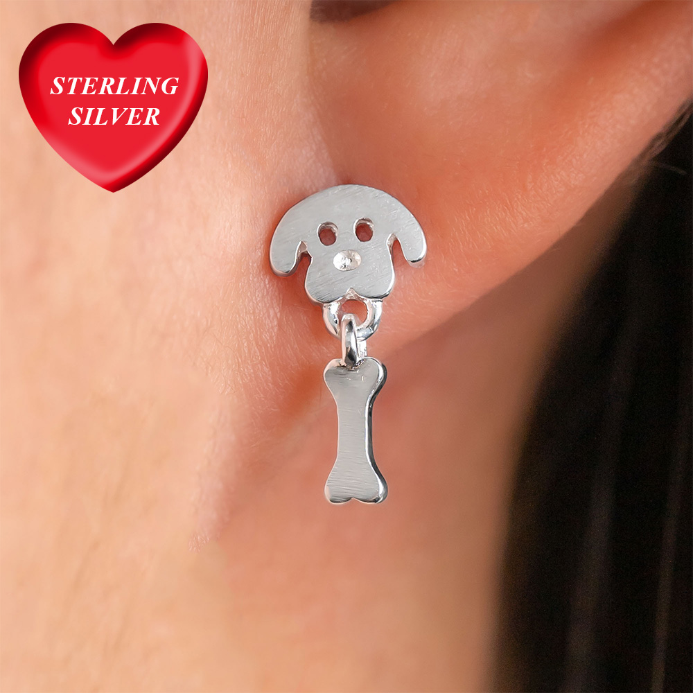 Image of Dog Lover's Pup &amp; Bone Sterling Silver Earring - Super Deal $18.99