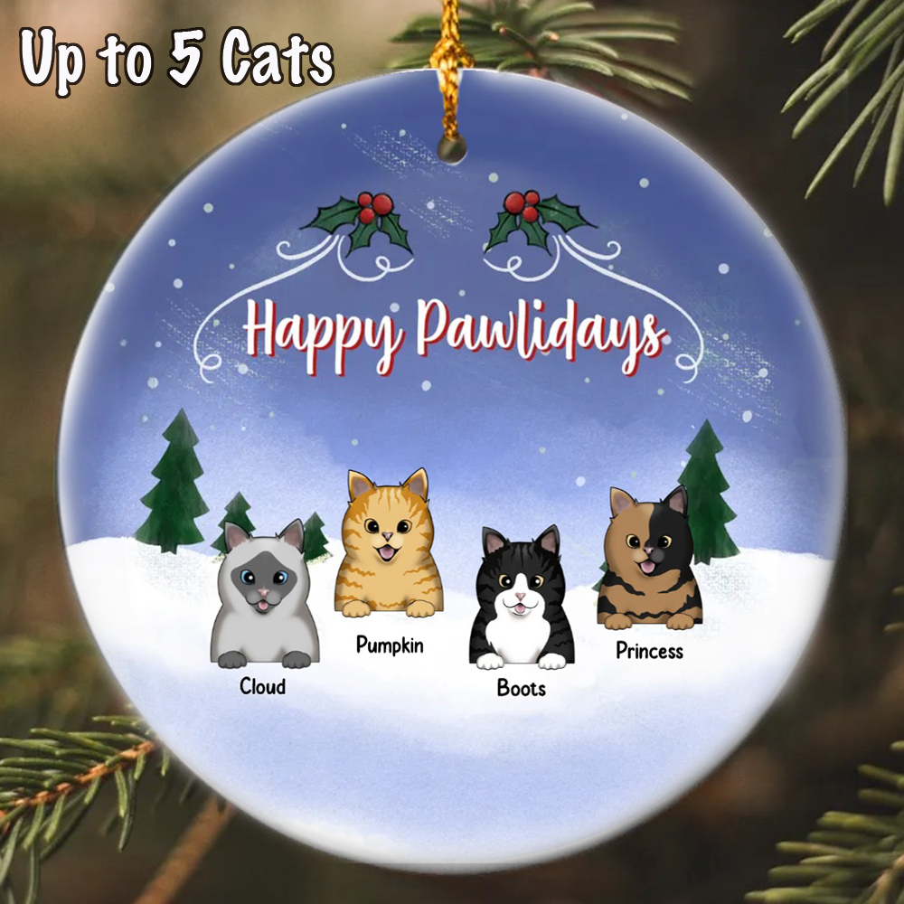 Happy Pawlidays Christmas Cat Ornament Personalized – Choose Your Cat’s Breeds and Names !