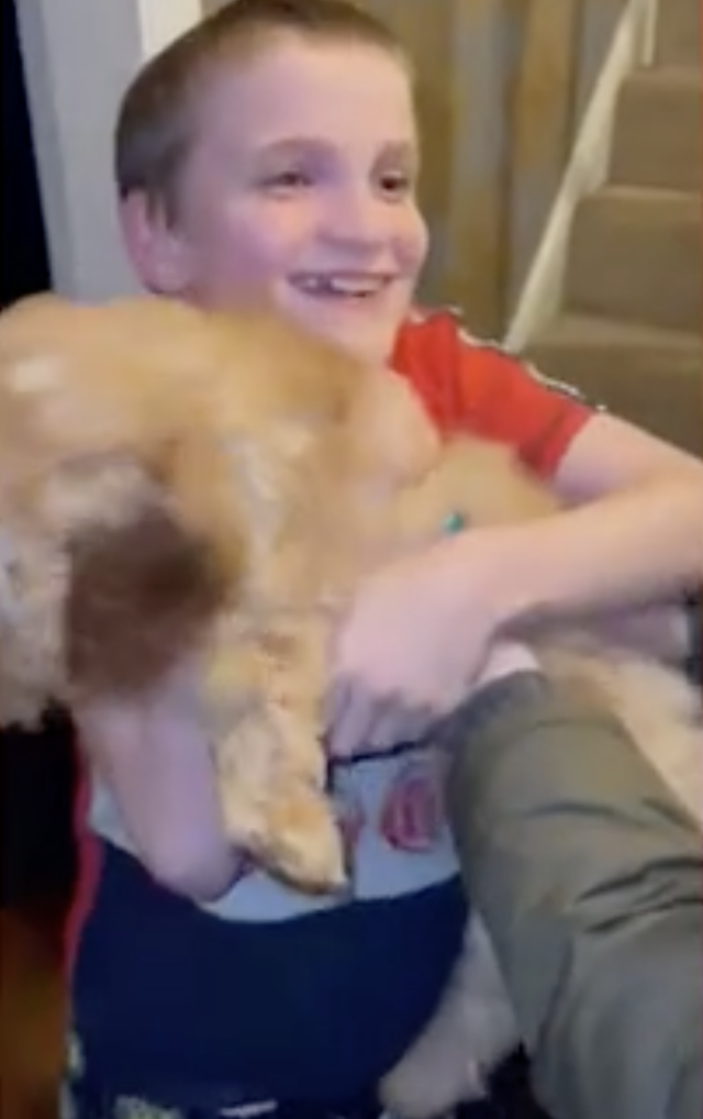 Boy hugging his puppy