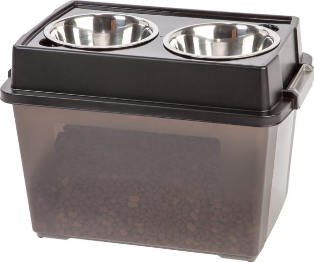 Dog food container with bowls