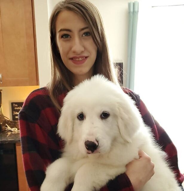 Woman holding Great Pyrenees puppy