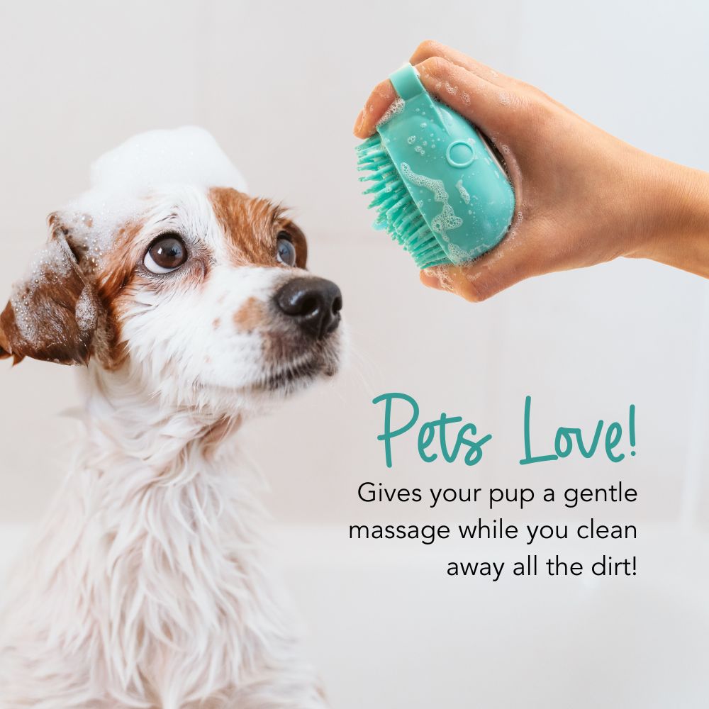 Dog Grooming Bath Brush Scrubber- Soft Silicone Shampoo Massage Dispenser For Dogs (Aqua)