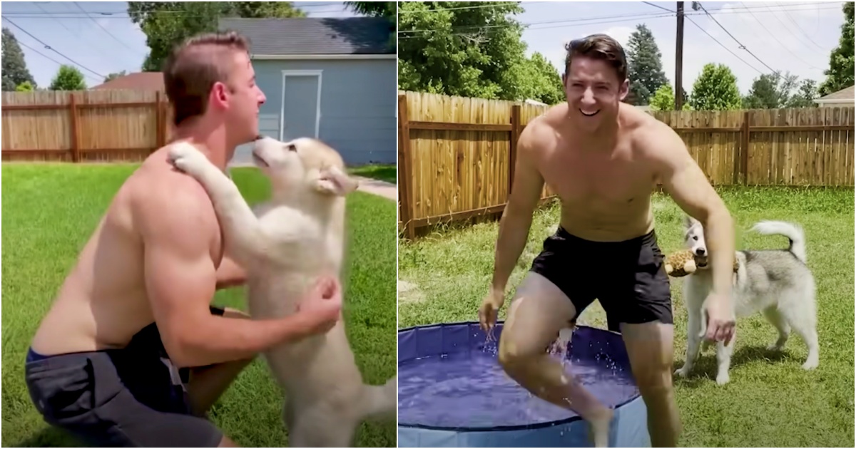 Chàng trai dạy con chó của mình cách ôm, con chó lớn lên và bố chạy