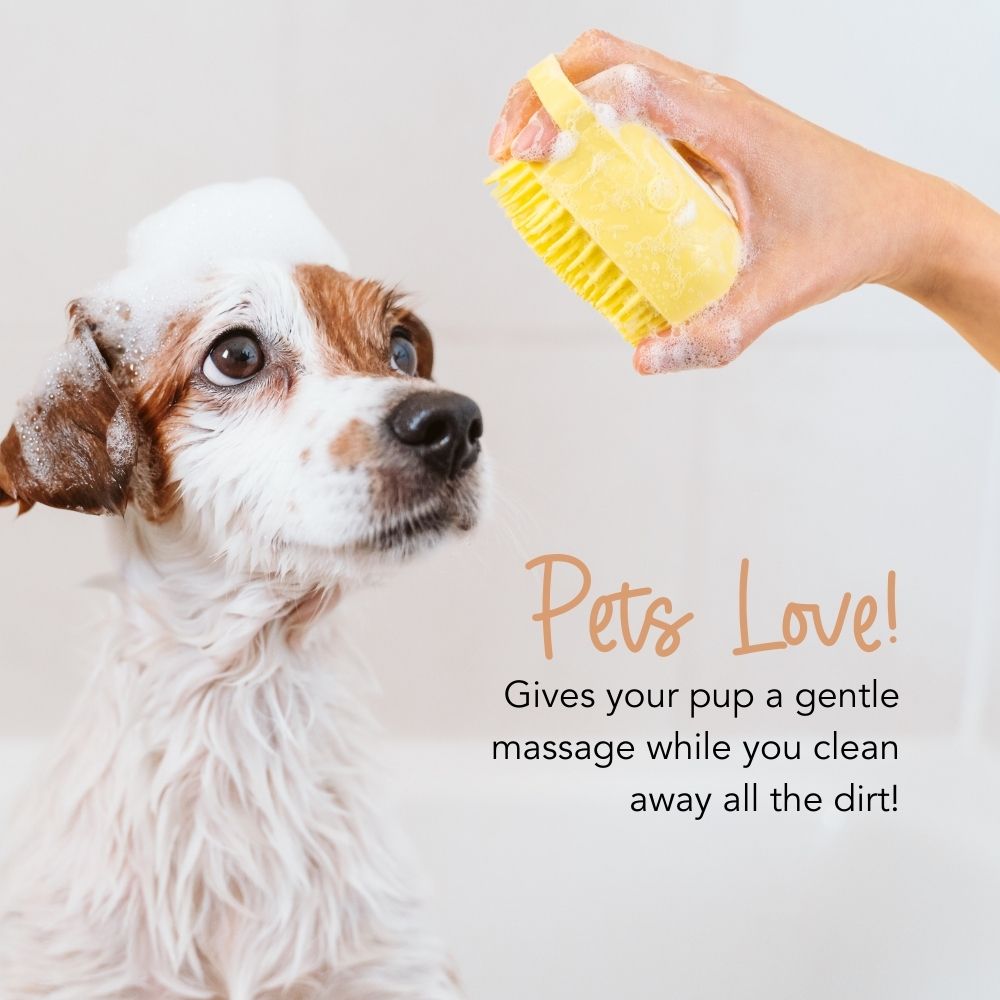 Dog Grooming Bath Brush Scrubber-  Soft Silicone Shampoo Massage Dispenser For Dogs (Yellow)