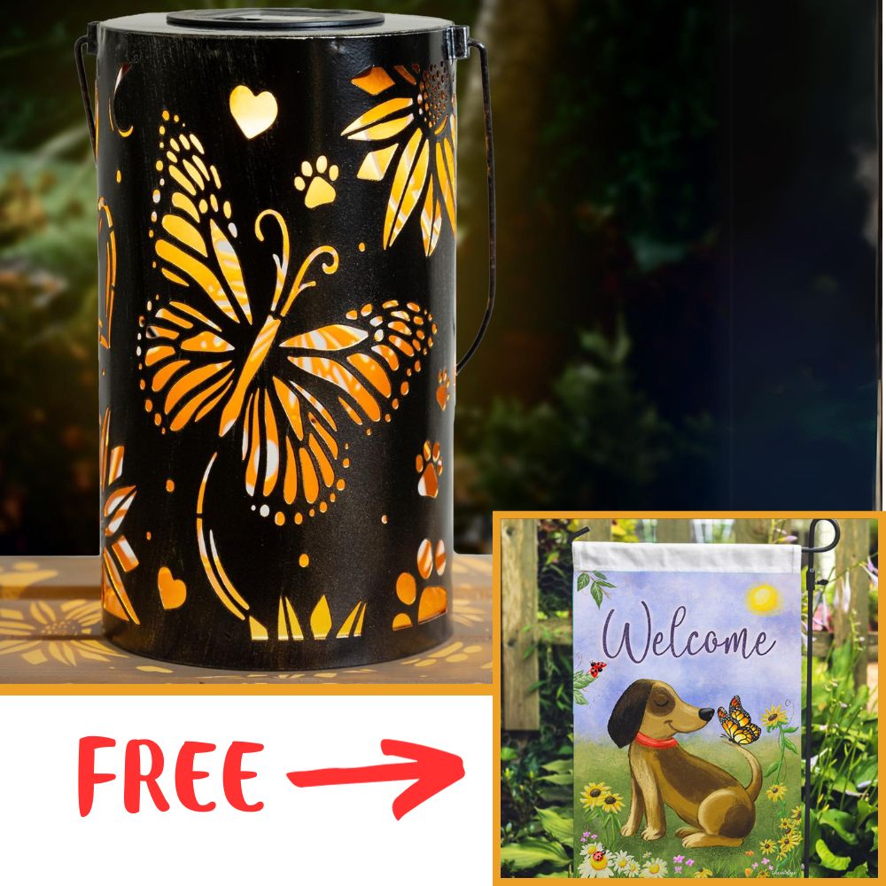 Image of FREE Butterfly Welcome Flag with Purchase of Butterflies & Paws Artisan Shadow Solar Lantern