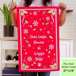 iHeartDogs -Dear Santa Beware of Wiggle Butts – 100% Cotton Flour Sack Kitchen Dish Towel 27″ x 18″