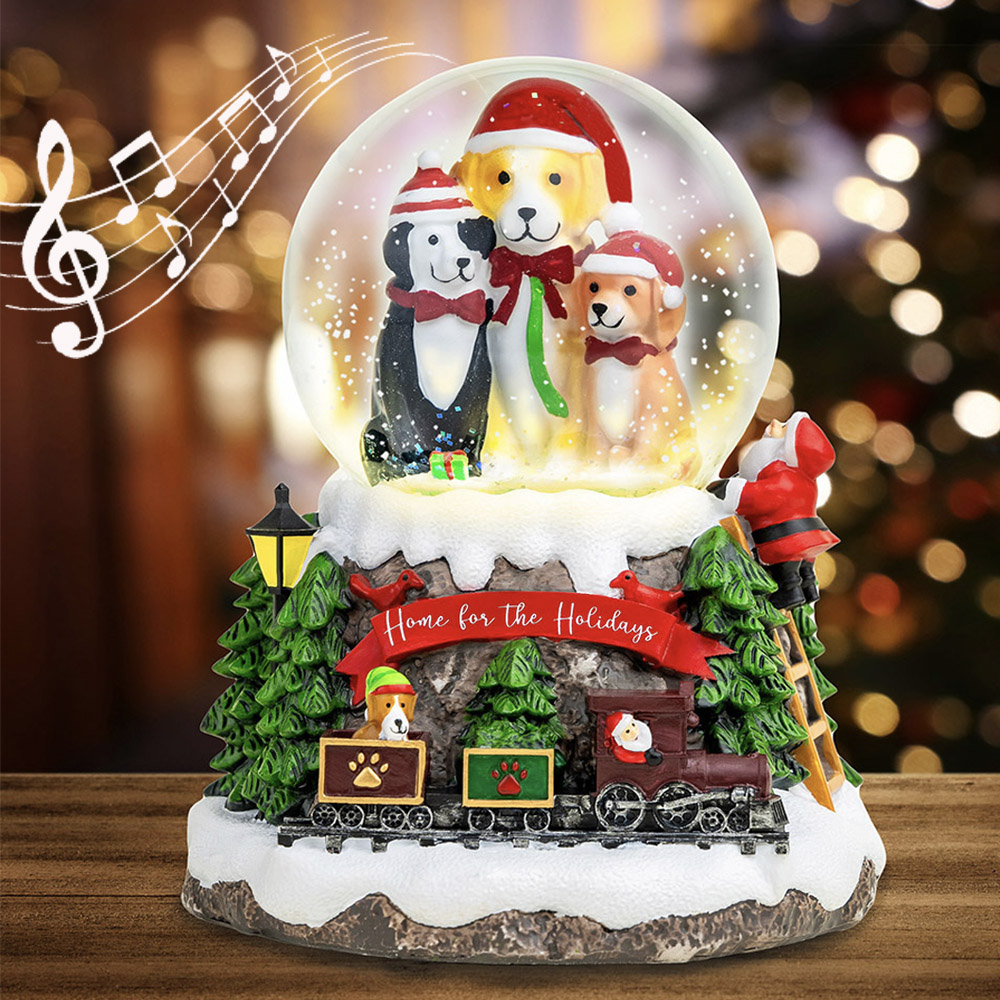 iHeartDogs Exclusive- Home For The Holidays Christmas Musical, Water Glittering Dog Snow Globe - Plays 8 Traditional Holiday Songs Including Jingle Bells & Lights Up