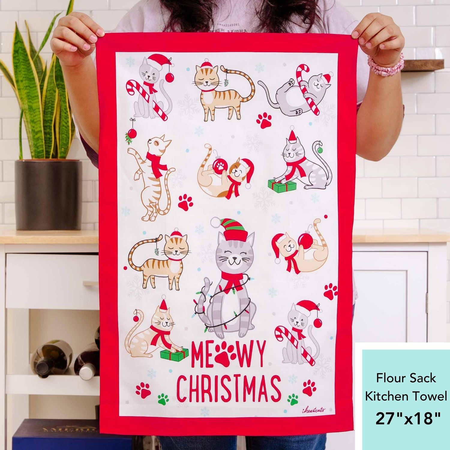 Meowy Christmas Holiday Towel – 100% Cotton Flour Sack Kitchen Dish Towel 27″ x 18″