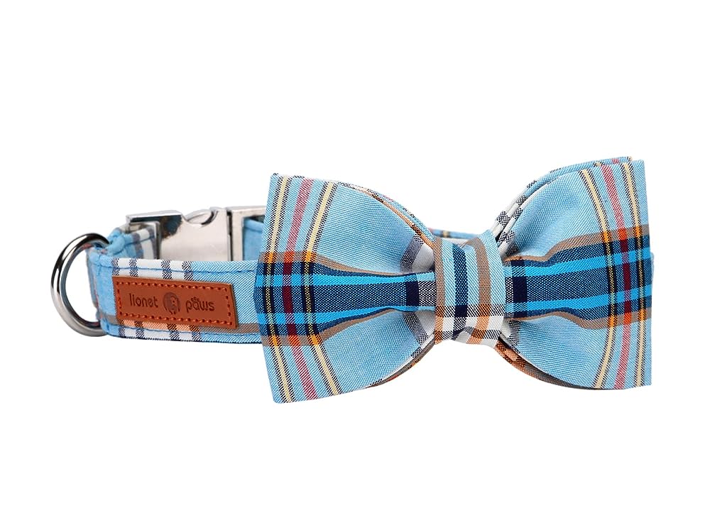 UP URARA PUP Dog Collar with Bow Tie, Cotton Dog Bowtie Collar for Small  Girl Boy Dog, Holiday Blue Dog Collar with Durable Metal Buckle, Cute Plaid