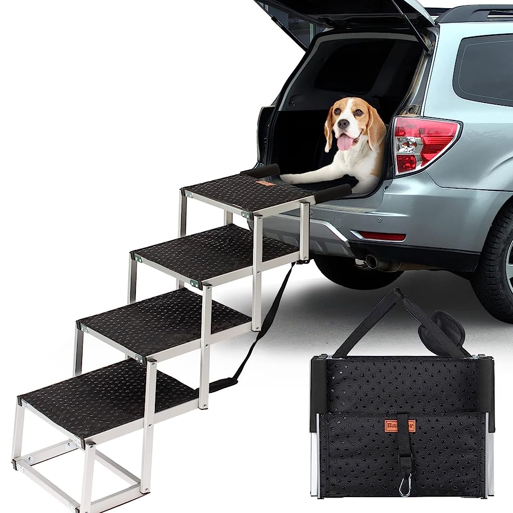 Portable Dog Car Step Stairs, Folding Dog Ramp for Dogs, Aluminum Frame Pet Stairs for Indoor Outdoor Use, Accordion Lightweight Auto Small/Medium Pet