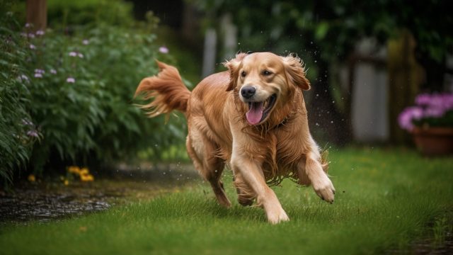 Wet dog running outside