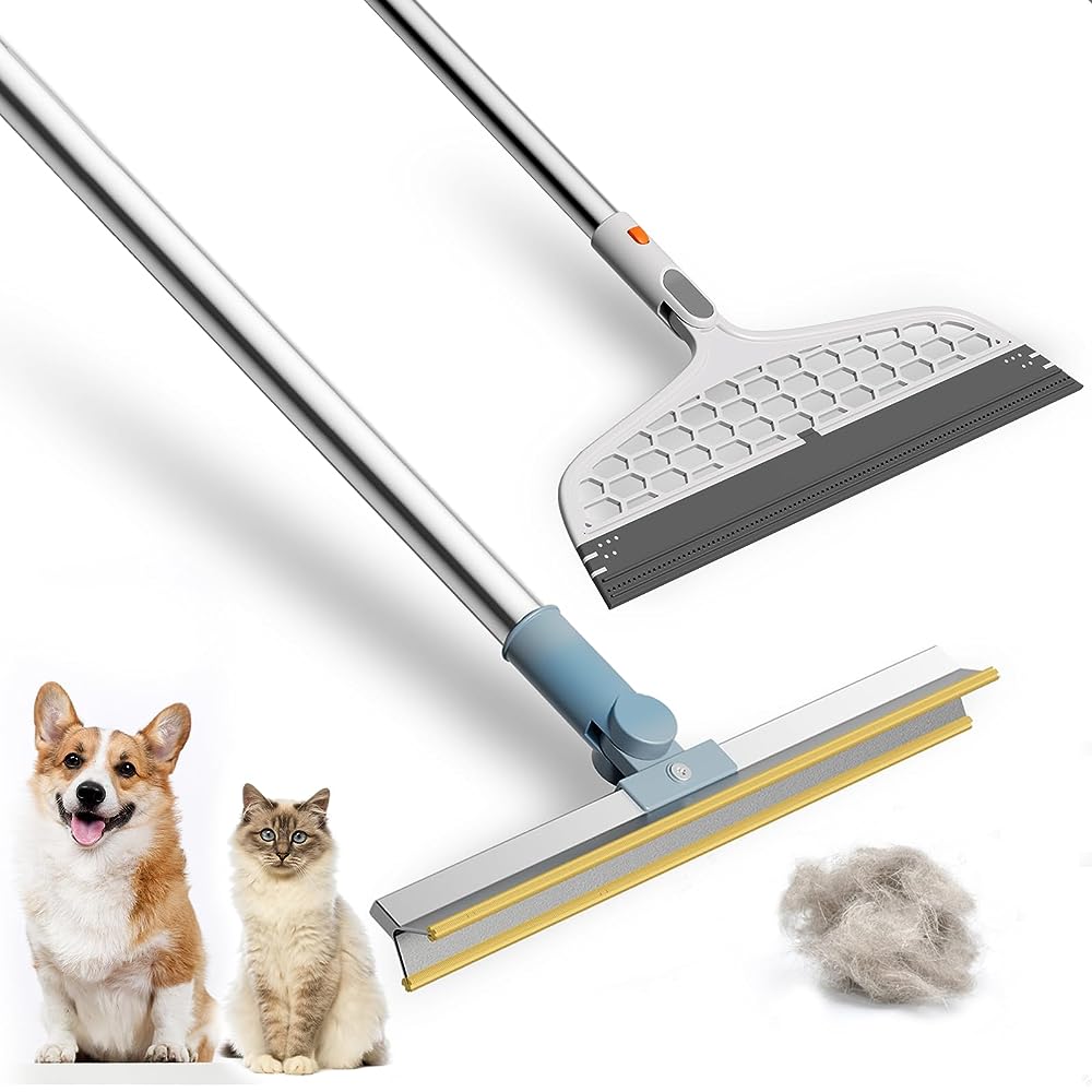 Pet Hair Remover Rubber Broom with Squeegee 59 inches Adjustable Carpet  Rake Long Handle Push Broom for Hair Pet Dog Carpet Hardwood Floor Tile  Windows Cleaning Black + Pet Comb
