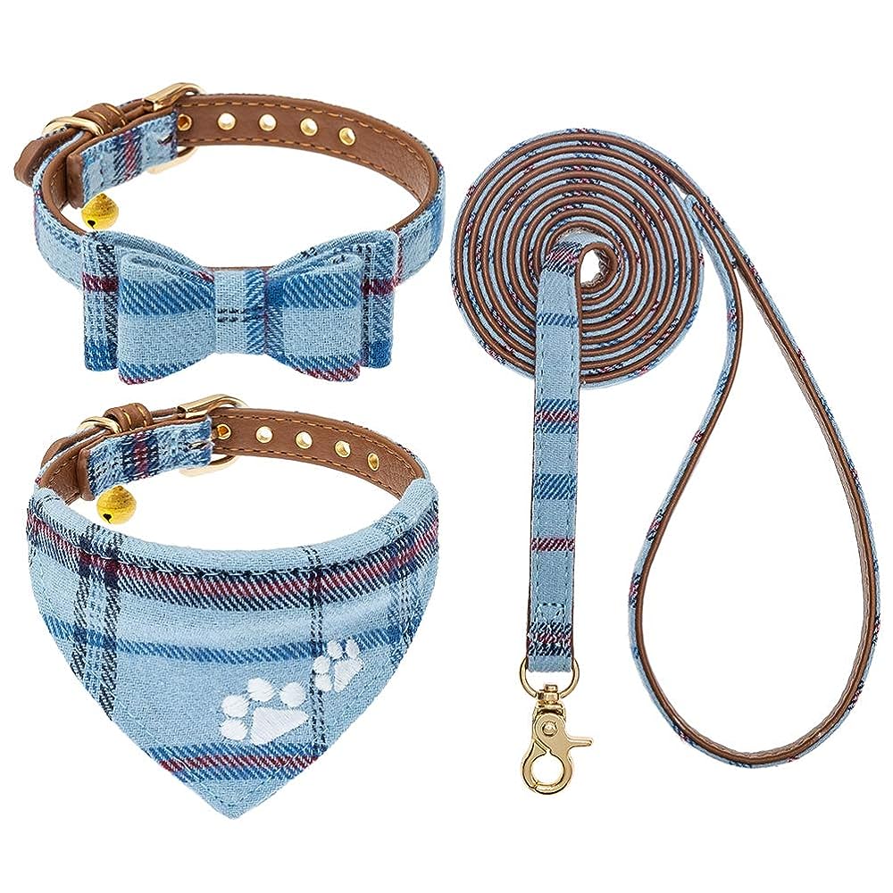 Bow Tie Dog Collar and Leash Set for Small Dogs - Puppy Leash Collars Classic Beige Plaid - Adjustable Size with Golden Bell - Perfect for Small