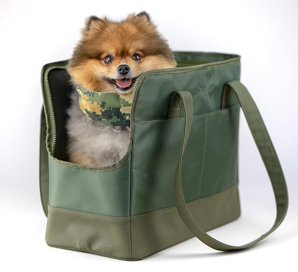 Django Dog Carrier Bag - Waxed Canvas and Leather Soft-Sided Pet Travel Tote with Bag-to-Harness Safety Tether & Secure Zipper Pockets (Medium