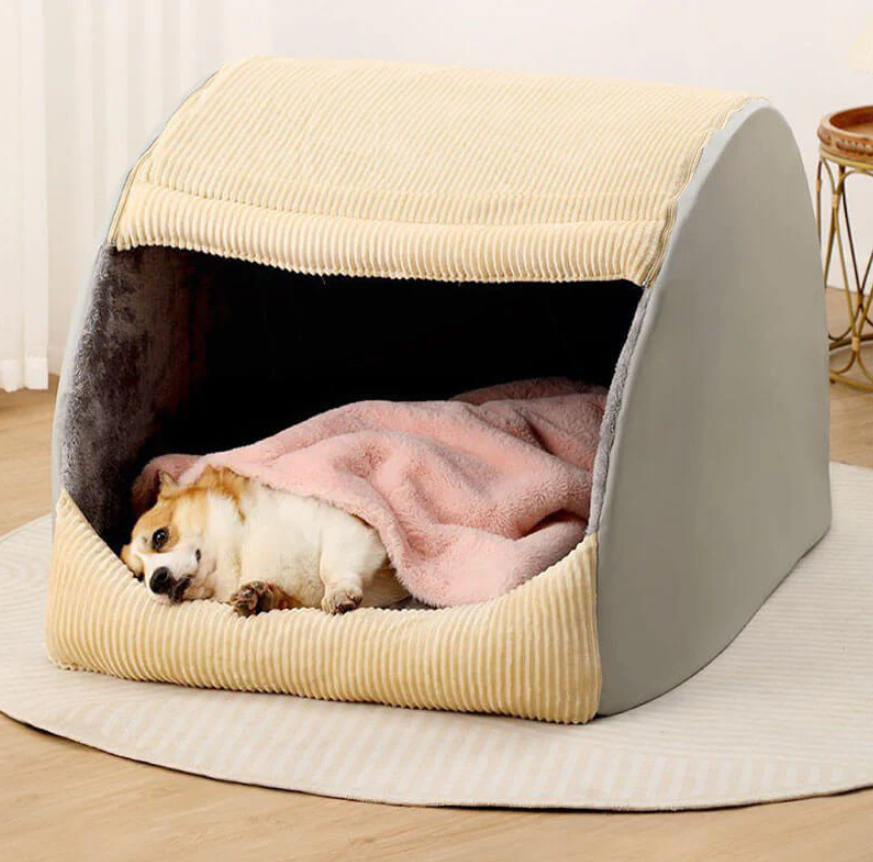 FunnyFuzzy Warm Flannel Semi-Enclosed Dog Tent Bed